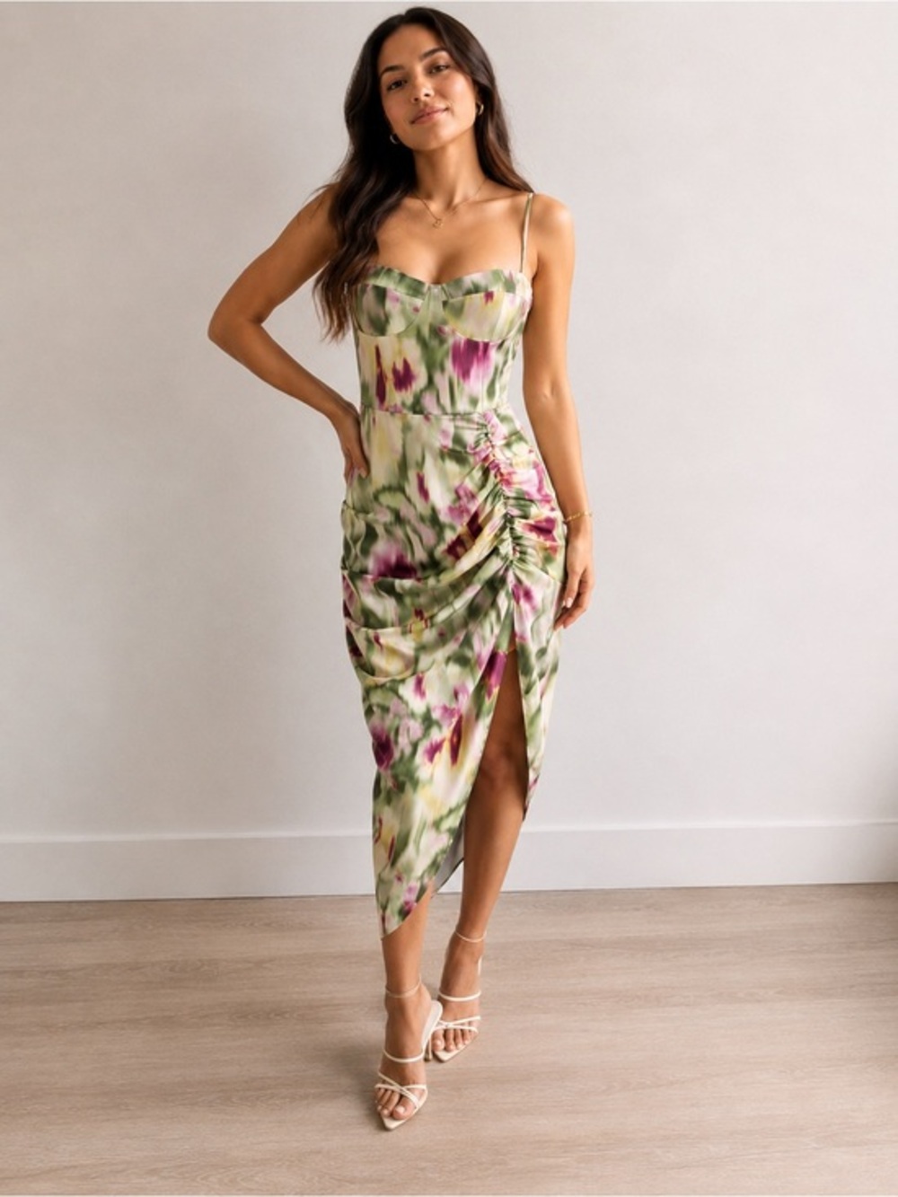 Cider Green and Pink Watercolor Ruched Midi Dress